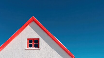 White triangular rooftop, red trim, centered window against a clear blue sky