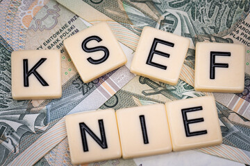 Blocks with the abbreviation KSEF NO, standing for negatives about National E-invoice System, are placed against a background of loosely spread Polish 100 PLN banknotes. 