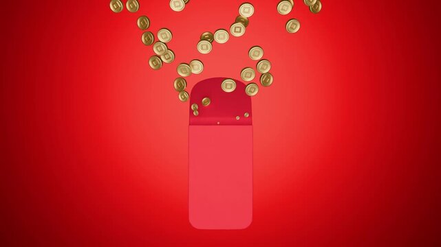 A red lucky envelope is opened, revealing lucky coins. Simple 3D rendering illustration for product highlight videos, promotional intros, and advertising layouts
