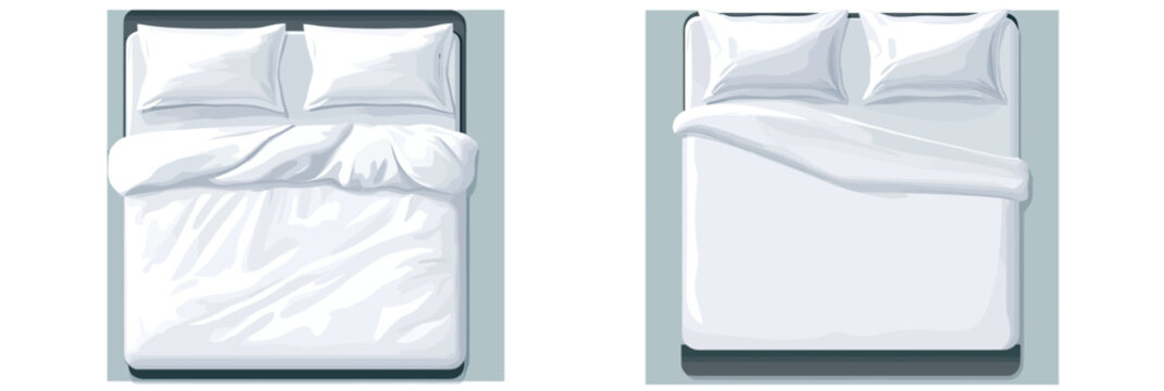 Top view of double beds with white sheets pillows and duvets in minimalist flat vector style bedroom interior design concept illustration