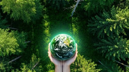 Adult human hands gently cradle a vibrant glowing earth globe. Lush green forest scenery emphasizes global environmental protection. This image promotes a sustainable future for our planet
