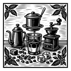 Vintage Coffee Brewing Tools Illustration Black and White
