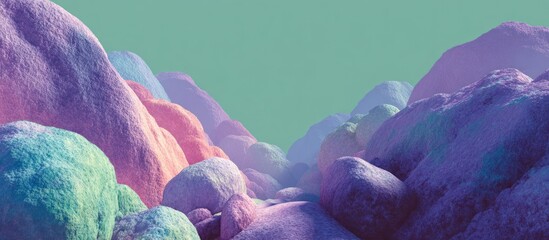 Pastel mountains in a valley, bathed in soft light, with a serene mint-colored sky