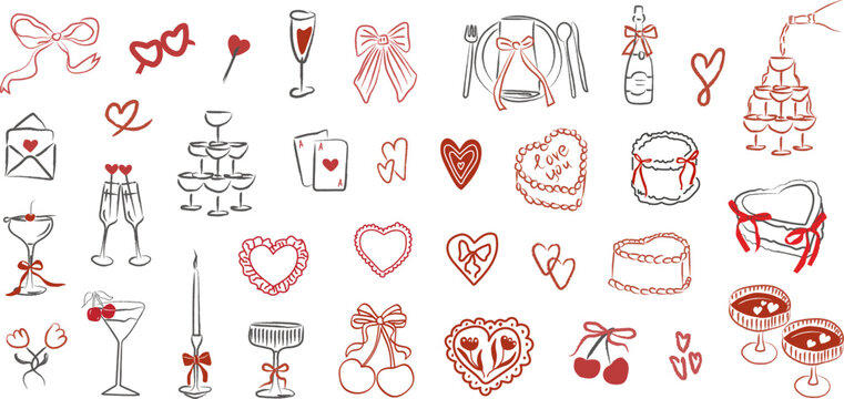Cute Valentine Day and wedding hand drawn elements set with hearts, bows, cakes and drinks. Cute romantic elements in red and pink whimsical vintage style. Vector illustration isolated on white.