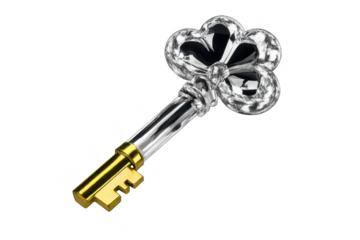 Ornate golden key on a transparent background, shimmering reflections