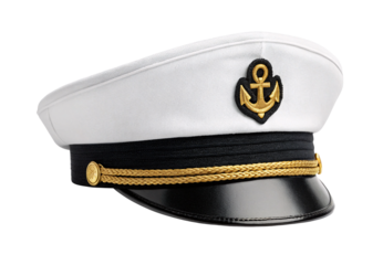 White naval captain hat with gold anchor emblem and visor, isolated on a transparent background