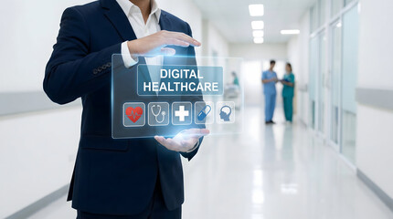Businessman Presenting Digital Healthcare Technology Interface in Hospital