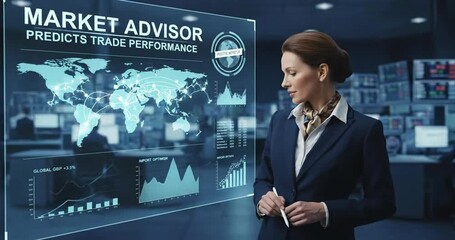 Businesswoman analyzing global market trends on a futuristic digital display - Powered by Adobe