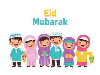 Fototapeta premium Cute Eid Mubarak Muslim Kids Illustration with Gifts and Lanterns, Happy Children Celebration Design for Islamic Holiday Greeting Cards