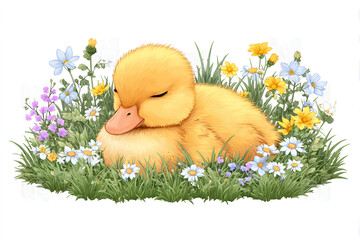 An adorable cute yellow duckling enjoys peaceful sleeping time nestled within a beautiful bed of vibrant flowers and verdant grass. This precious baby embodies the serene essence of spring nature.