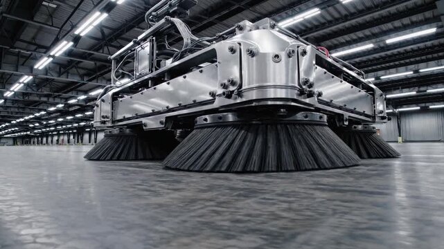 industrial autonomous sweeper cleaning warehouse floor under bright LED lighting, metallic chassis with large circular brushes spinning across polished concrete, empty high bay interior with overhead