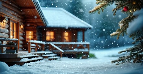Cozy log cabin covered in snow. Warm light emanates from windows, creating inviting winter scene. Festive evergreen branch visible.