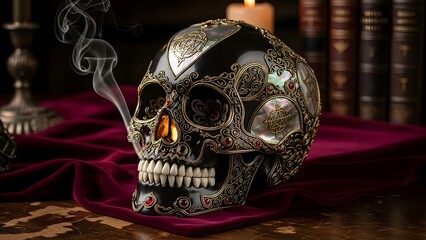 Intricately Decorated Skull with Candle and Books in Dark Setting