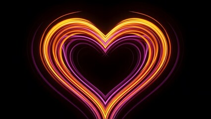 Colorful neon heart shape light trails on black background