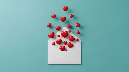 Red Hearts Emerging from Envelope on Blue Background
