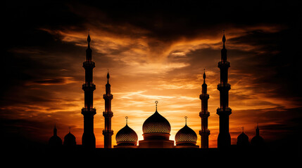 Silhouette of a mosque at sunset.