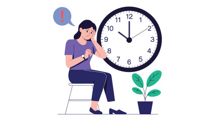  Cartoon illustration of stressed person with wristwatch and large wall clock, symbolizing urgency, deadlines, and time management