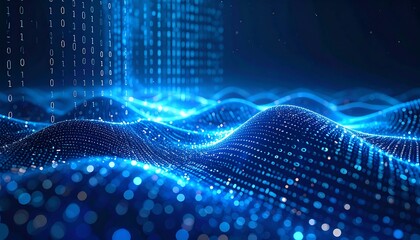 Abstract Blue Digital Waveform Data Flow Technology Background.