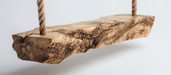A raw-edged wooden swing hangs suspended by thick ropes against a white background
