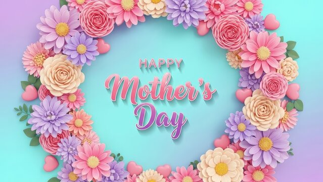 Happy mothers day floral wreath with pink, purple, and peach flowers on colorful background