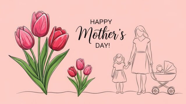 Happy mothers day card with pink tulips and family illustration on pink background
