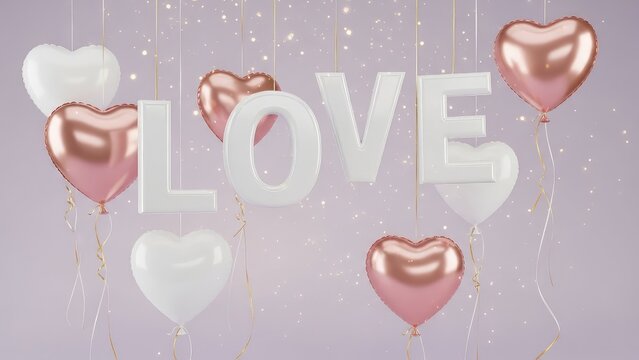 A beautiful arrangement of heart shaped balloons in pink, white, and rose gold with the word love on a light purple background with sparkles