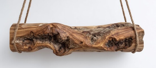 Wooden shelf suspended by rope, showcasing natural wood grain and knots against a white backdrop