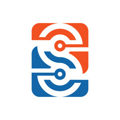 this is a flat logo design that depicts an initial letter S in orange and blue color symbolizing connection that can be used tech related purposes