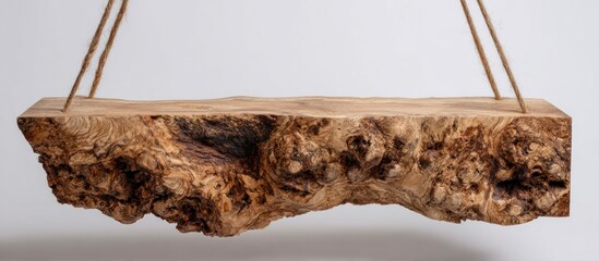 Floating wooden shelf, irregular shape, suspended by rope against a clean white background