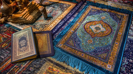 Ornate prayer rug and holy books on a colorful carpet.