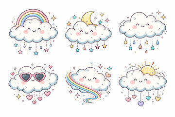 Cute cartoon clouds with rainbow, stars, and hearts in pastel colors