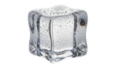 Wet ice cube PNG isolated on transparent background, refreshing frozen water block for summer drinks and cooling