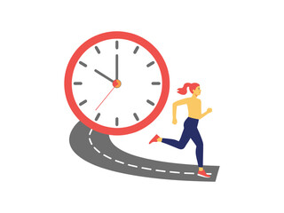 A cartoon woman runs on a road chasing a large clock, symbolizing urgency and time management.