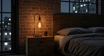 Cozy bedroom with exposed brick wall, vintage lamp, and city view at night