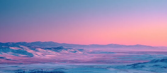 A pastel landscape depicts snow-covered hills under a vibrant sky. Mountains are in the distance