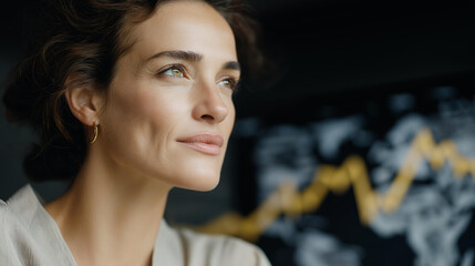 A profile portrait of a businesswoman double-exposed with upward financial charts and global maps, representing career growth, leadership, and international success. cinematic color correction,