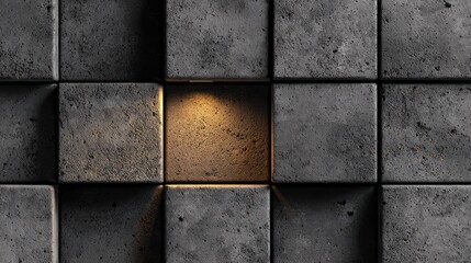 A close-up showcases grey concrete cubes, one illuminated with warm golden light