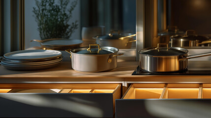 A minimalist enthusiast clearing crowded kitchen countertops, placing only essential cookware back into neatly organized drawers, creating a serene and functional cooking space that reflects modern