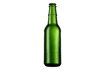 Green glass beer bottle with water droplets on transparent background