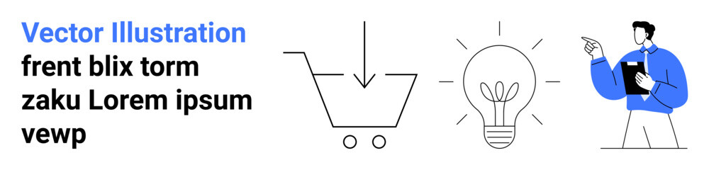 Online shopping, innovation, professional analysis, creativity, modern business, retail solutions. Minimalist shopping cart and glowing light bulb with a professional figure pointing. E-commerce © robu_s