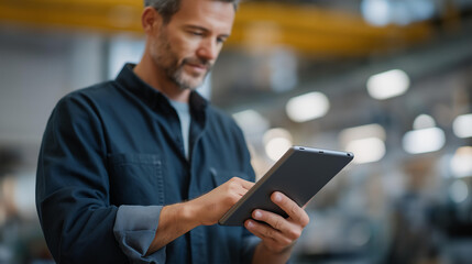 Production coordinator tracking manufacturing stages on a factory floor, tablets displaying workflow status and quality checkpoints. cinematic color correction, natural uneven lighting yet gentle