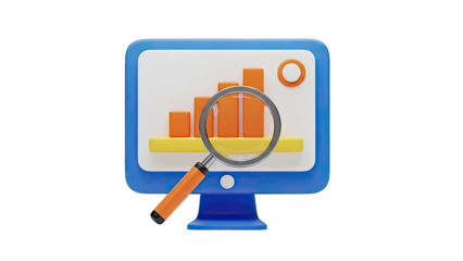 3D Illustration of Data Analysis on a Monitor with Magnifying Glass