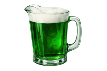 Green beer pitcher with foam head on transparent background for design.