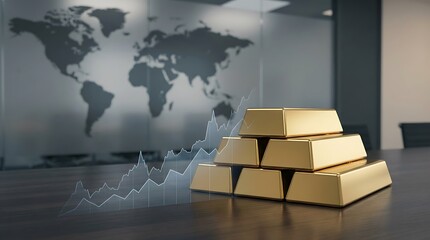 Stack of gold bars on a table with a world map in the background