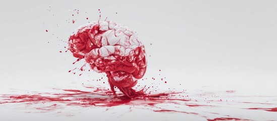 A realistic rendering of a brain splattered with red liquid on a white surface