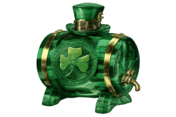 Ornate Green Barrel with Shamrock Design on transparent background.