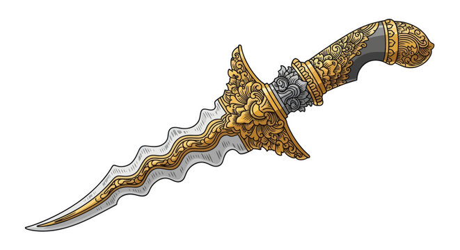 An ornate ceremonial dagger with a wavy serpentine blade and an intricately detailed golden hilt.