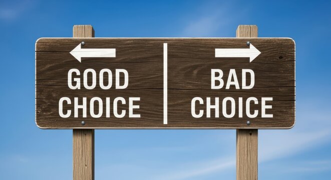 Wooden signpost offering a clear choice between good and bad paths against a bright blue sky