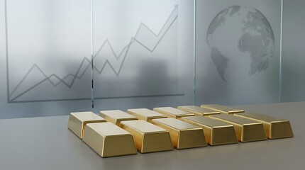 Stacks of gold bars on a gray surface with a graph and globe in the background