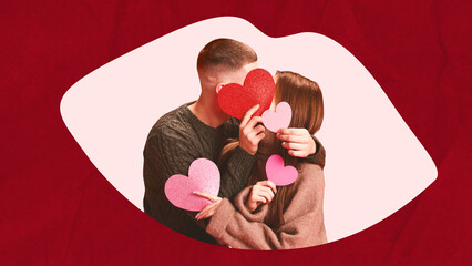 Modern collage of couple holding heart shapes inside kiss mark cutout. Concept of Saint Valentine Day retail promo for product packaging, gift cards, in-store graphics and seasonal commercial design.